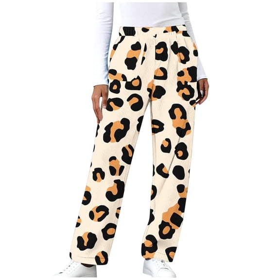 Fewfanhot Women's Pants Love Printed Wide Leg Pants Patched Elastic Waist Casual Loose Trousers