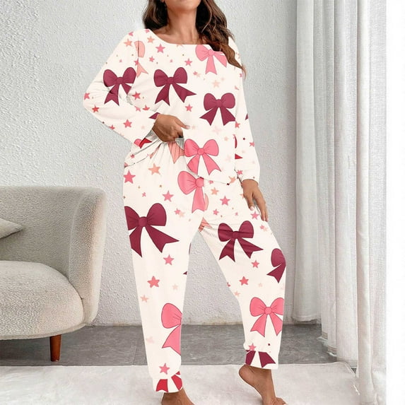 Fewfanhot Women's Plus Size Fashion Print Pajama Set Long Sleeved & Long Pants Loose Fit Casual Comfort Home Suit
