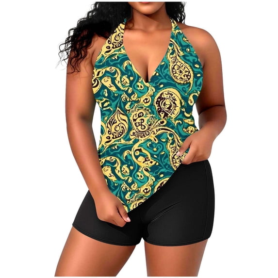Fewfanhot Women's Plus Size Halter Padded Bikini Two Piece Swimsuit Set, Deep V-Neck Printed Tie Dye Top & Swim Shorts, High Waist Tummy Control Bathing Suit