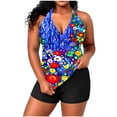 thumbnail image 1 of Fewfanhot Women's Plus Size Halter Padded Bikini Two Piece Swimsuit Set, Deep V-Neck Printed Tie Dye Top & Swim Shorts, High Waist Tummy Control Bathing Suit, 1 of 7