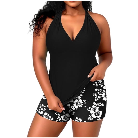 Fewfanhot Women's Plus Size Halter Padded Bikini Two Piece Swimsuit Set, Deep V Neck Solid Top & Printed Swim Shorts, High Waist Tummy Control Bathing Suit