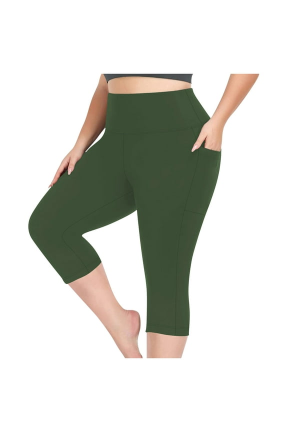 Women's Plus Size High-Waisted Olive Green Capri Leggings with Side Pockets, Stretchy Breathable 3/4 Length Workout Pants for Yoga, Gym & Curvy Figures