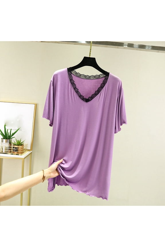 Women's Plus Size Modal Lounge Top - V-Neck Solid Color with Lace Trim Short Sleeve Design, Soft Breathable Loungewear