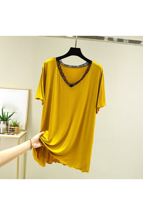 Women's Plus Size Modal Lounge Top - V-Neck Solid Color with Lace Trim Short Sleeve Design, Soft Breathable Loungewear