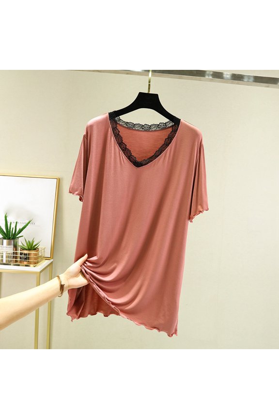 Women's Plus Size Modal Lounge Top - V-Neck Solid Color with Lace Trim Short Sleeve Design, Soft Breathable Loungewear