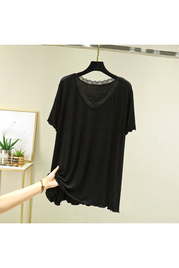 Women's Plus Size Modal Lounge Top - V-Neck Solid Color with Lace Trim Short Sleeve Design, Soft Breathable Loungewear