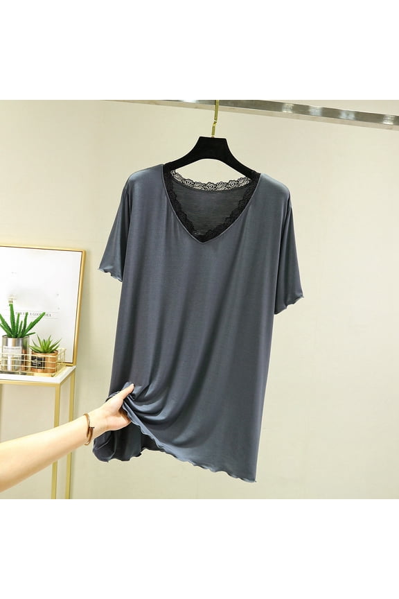 Women's Plus Size Modal Lounge Top - V-Neck Solid Color with Lace Trim Short Sleeve Design, Soft Breathable Loungewear