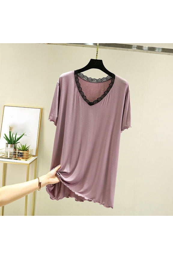 Women's Plus Size Modal Lounge Top - V-Neck Solid Color with Lace Trim Short Sleeve Design, Soft Breathable Loungewear