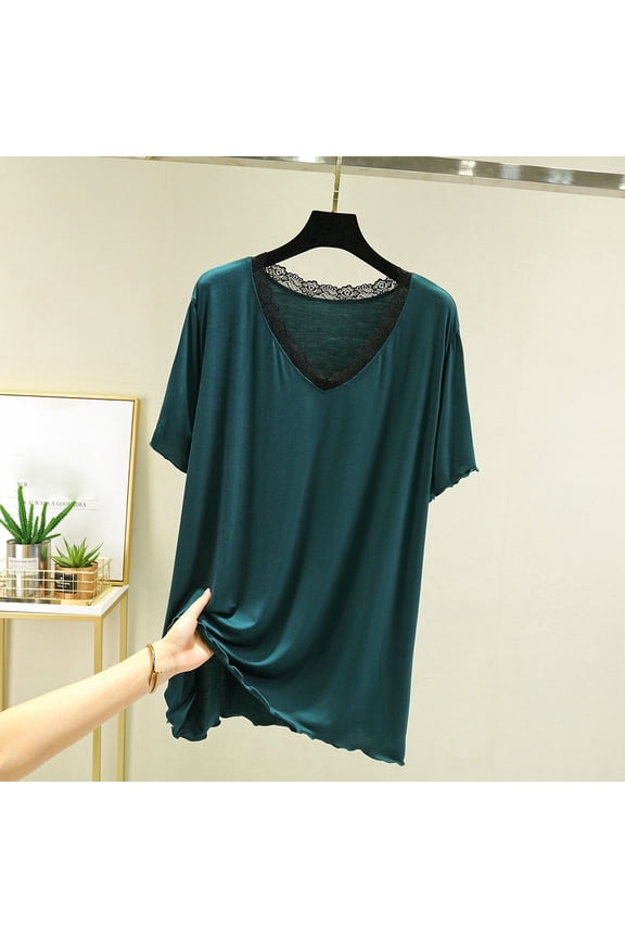 Women's Plus Size Modal Lounge Top - V-Neck Solid Color with Lace Trim Short Sleeve Design, Soft Breathable Loungewear