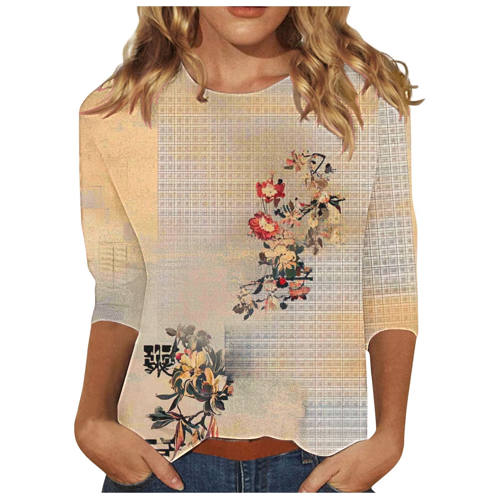 Fewfanhot Women's Vintage Floral Print 3/4 Sleeve Top, Classic Loose ...