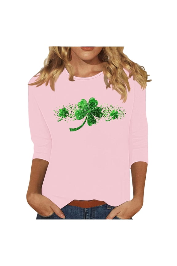 Women's St Patrick's Day Irish Pride Top, 3/4 Sleeve Casual Shirt with Green Clover Graphic and Tribal Style Holiday Festival Tee for Ladies, Multi Colors