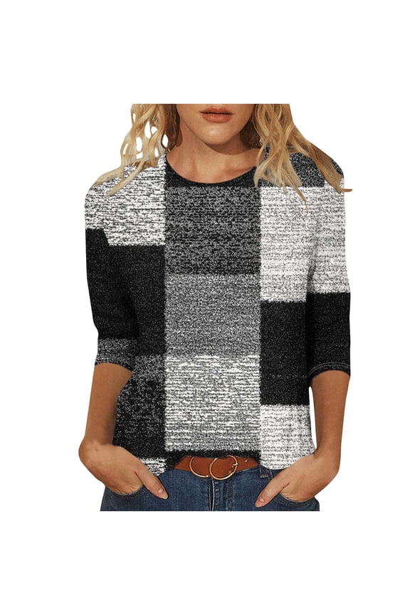 Women's Color Block Plaid 3/4 Sleeve Top, Modern Grid Pattern Casual Blouse, Soft Knit Crewneck Pullover for Spring Fall Casual T-Shirt Everyday Wear