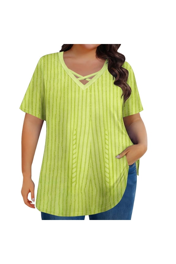 Women's Plus Size V Neck Cross Front Short Sleeve Top, Solid Color Casual Blouse Soft Loose Fit T-Shirt for Summer Daily Wear Casual Outings