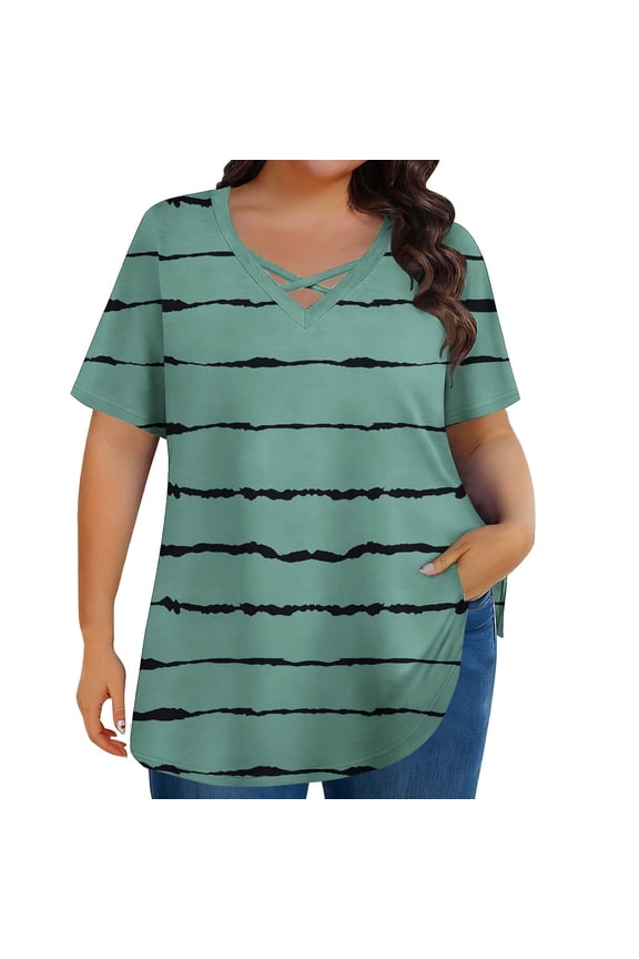 Women's Plus Size V Neck Cross Front Short Sleeve Top, Striped Print Casual Blouse, Soft Loose Fit T-Shirt for Summer Daily Wear Casual Outings