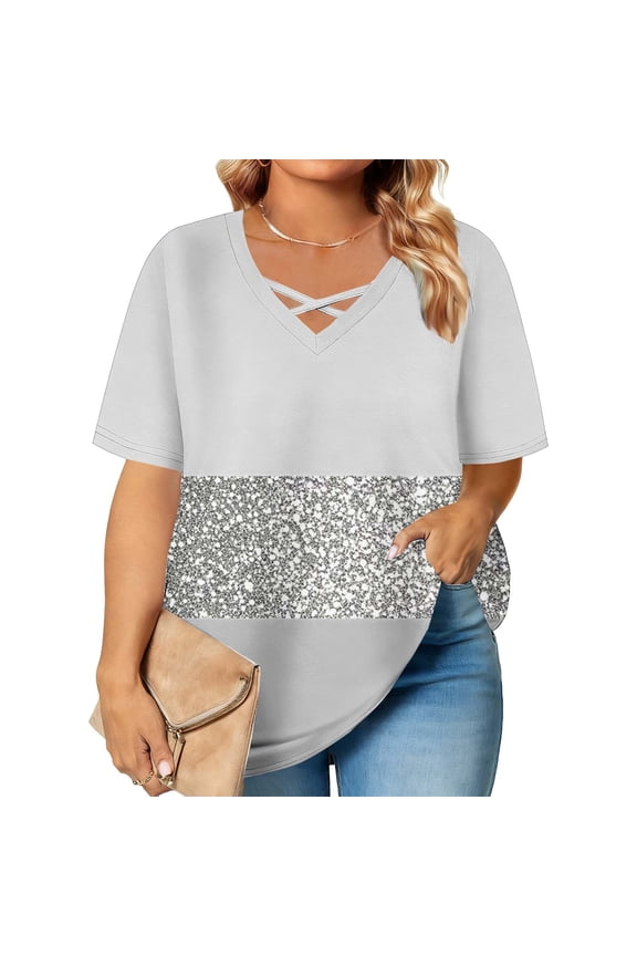 Women's Plus Size V Neck Cross Front Short Sleeve Top, Striped Print Casual Blouse, Soft Loose Fit T-Shirt for Summer Vacation Daily Wear Casual Outings