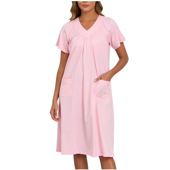 Fewfanhot Women's Plus Size V-Neck Short Sleeve Nightgown with Pockets, Casual Sleep Robe, Loose Fit Wearable Dress