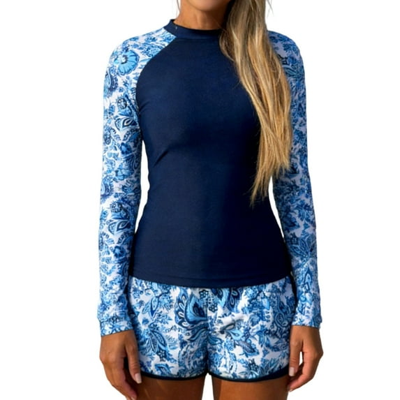 Fewfanhot Women's Print Rash Guard Long Sleeve Swimsuit Set, Bikini Swim Top & Matching Shorts for Sun Protection Summer Activities