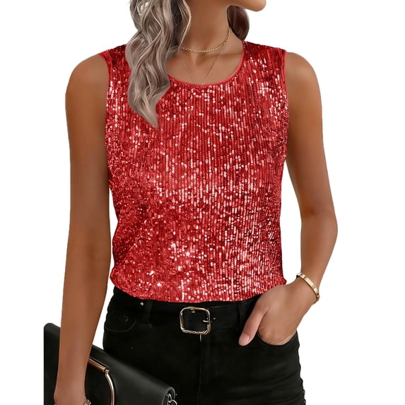 Fewfanhot Women's Red Sequin Sleeveless Tank Top, Glitter Round Neck Party Blouse Sparkly Casual Cami for Club, Night Out & Gifts