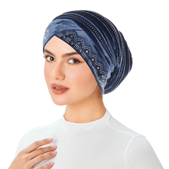 Fewfanhot Women's Rhinestone Embellished Velvet Turban Hat Pleated Pre-Tied Headscarf for Chemo, Fashion Daily Wear, Special Occasions