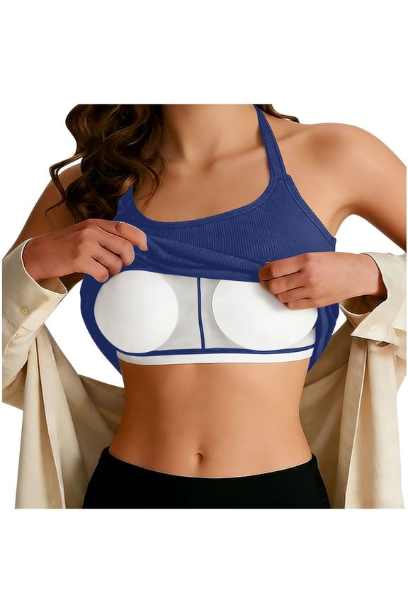 Women's Ribbed Halter Neck Sports Bra with Built-in Shelf Bra, Padded Seamless Workout Crop Top, High Support Yoga Fitness Tank