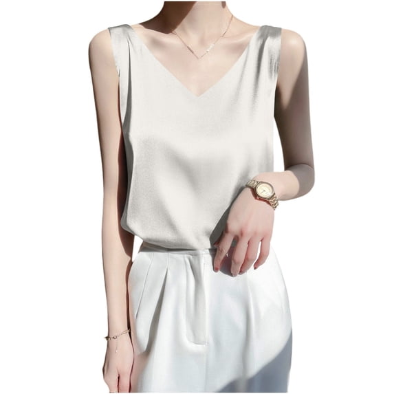 Fewfanhot Women's Satin V-Neck Camisole Tank Top, Sleeveless Solid Color Silk-Like Blouse, Elegant Casual Summer Vest, S-3XL