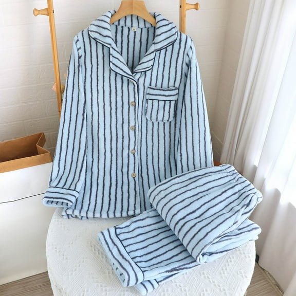 Fewfanhot Women's Seasonal Sleepwear Ensemble - Casual Stripe Turndown Collar Warm Fleece Pajama Set Featuring Classic Long Sleeve Design for Chilly Evenings