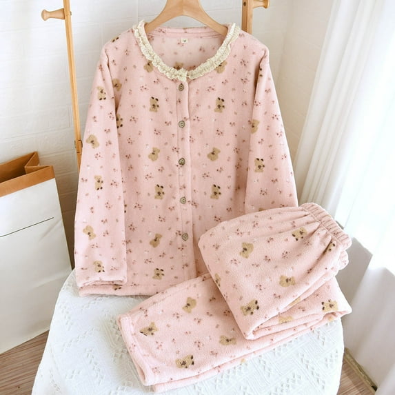 Fewfanhot Women's Seasonal Sleepwear Ensemble - Warm Fleece Pajama Set Featuring Classic Long Sleeve Design for Chilly Evenings