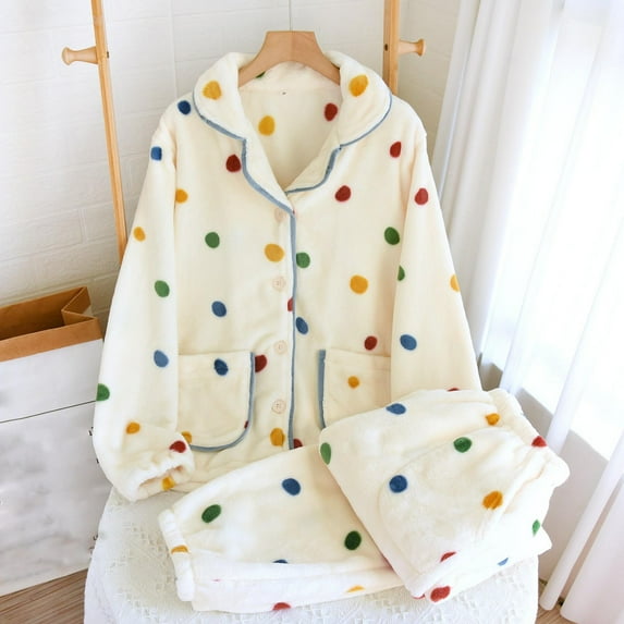 Fewfanhot Women's Seasonal Sleepwear Ensemble - Warm Fleece Pajama Set Featuring Classic Long Sleeve Design for Chilly Evenings