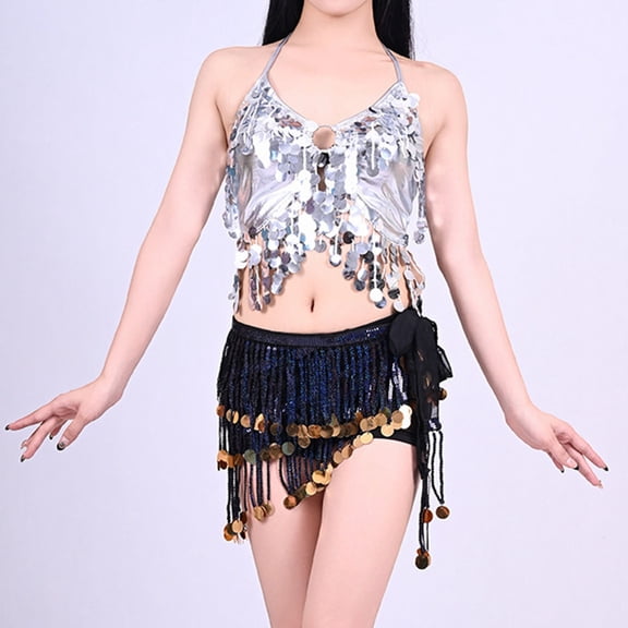 Fewfanhot Women's Sequin Hip Scarf Top - Tassel Embellished Waist Chain Short Skirt for Belly Dance, Party & Festival Performance Wear