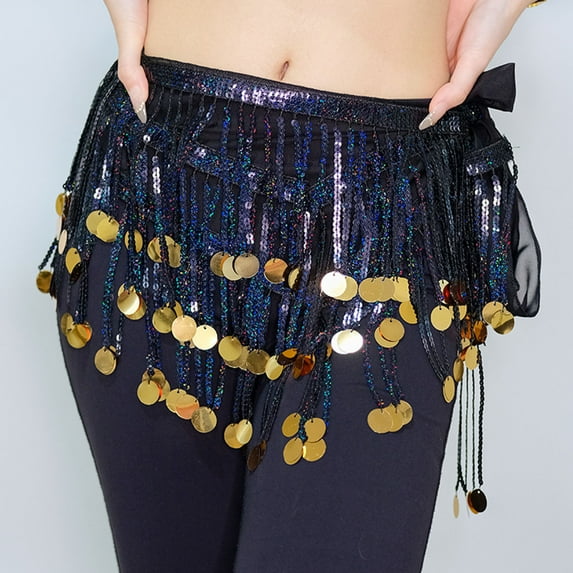 Fewfanhot Women's Sequin Hip Towel, Low-Waist Short Skirt With Waist Chain and Tassels for Belly Dance Club & Party Wear