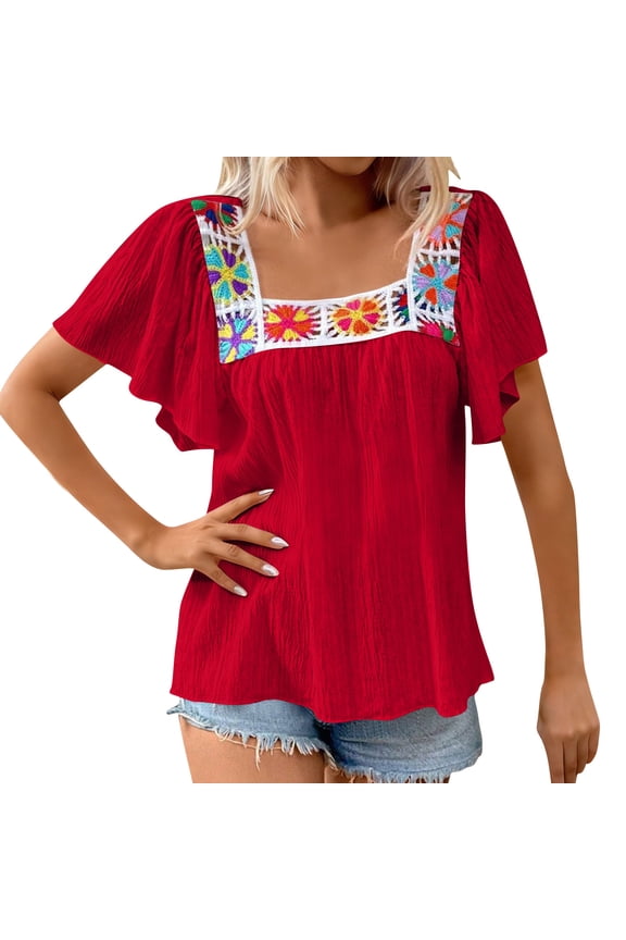 Women's Short Sleeve Blouse Floral Crochet Square Neck Flutter Sleeve Loose Fit Summer Top, Women Bohemian Embroidered Relaxed Shirt, S-3XL