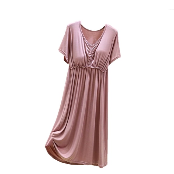Fewfanhot Women's Short Sleeve V-Neck Modal Sleep Dress with Built-in Bra Solid Color Lounge Dress Wearable Nightgown