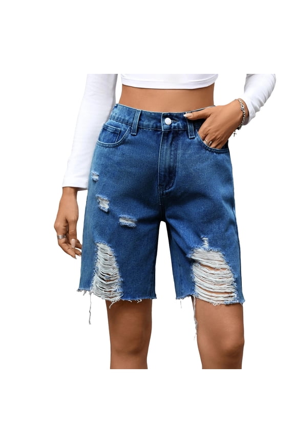 Women's Shorts Ripped Stretchy Long Jean Shorts Mid Rise Frayed Cut Off Bermuda Shorts