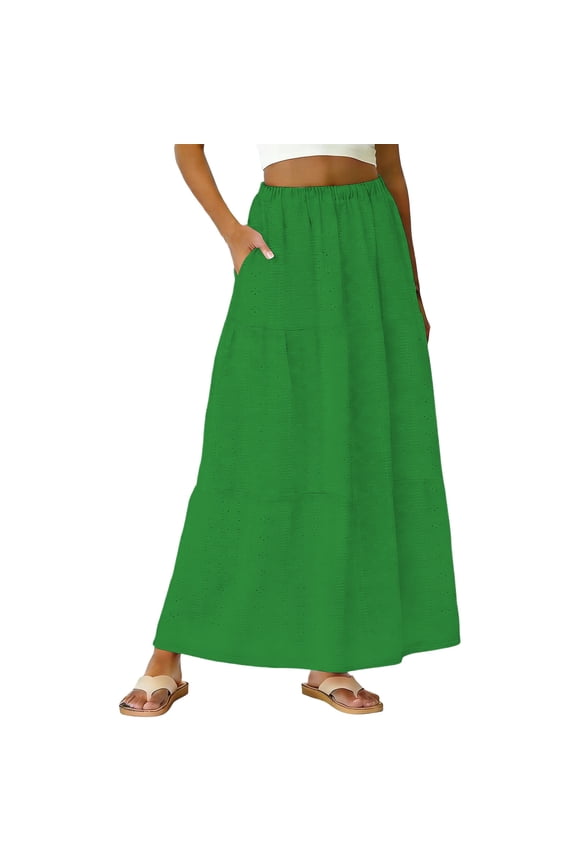 Women's Skirts Summer Casual Elegant Tiered Maxi Skirt High Waisted A Line Flowy Long Skirts with Pockets