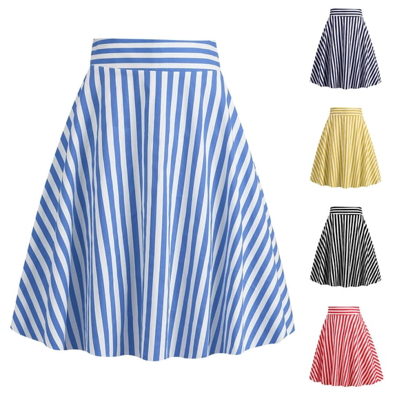 Fewfanhot Women's Skirts Vintage Striped Midi Skirt High Waist A-Line Flared Skirt Office Casua Stripes Skirts