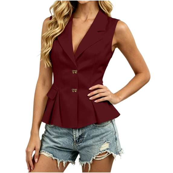 Fewfanhot Women's Sleeveless Blazer Vest, Lapel V-Neck Peplum Waistcoat, Casual Office Work Date Night Outfit, Multi-Color Options, S-3XL