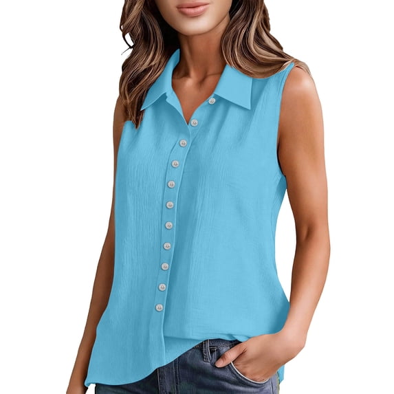 Fewfanhot Women's Sleeveless Collared Button Down Blouses, Summer Casual V-Neck Loose Fit Tank Tops, Lightweight Work Office Shirts, S-2XL