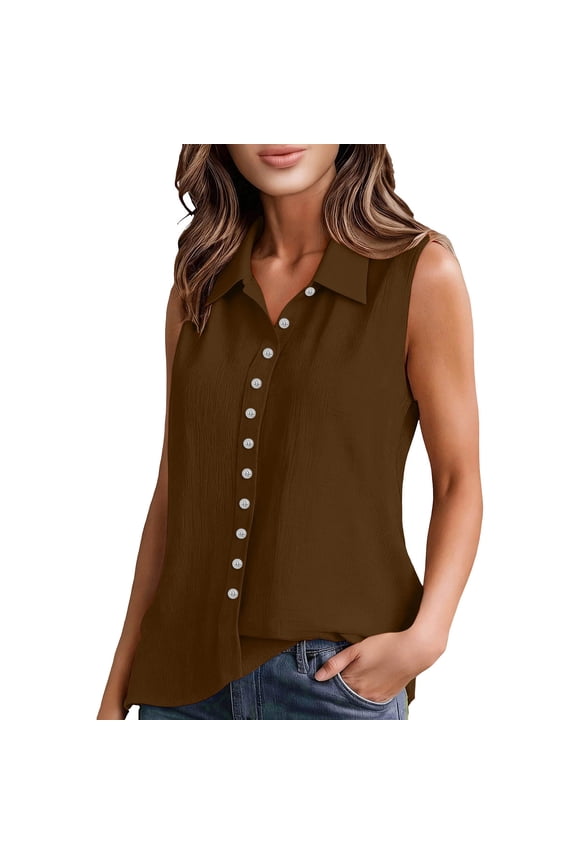 Women's Sleeveless Collared Button Down Blouses, Summer Casual V-Neck Loose Fit Tank Tops, Lightweight Work Office Shirts, S-2XL