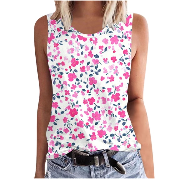 Fewfanhot Women's Sleeveless Tank Top Floral Print Sleeveless Cami Summer Casual Tee Round Neck Blouse, S-5XL