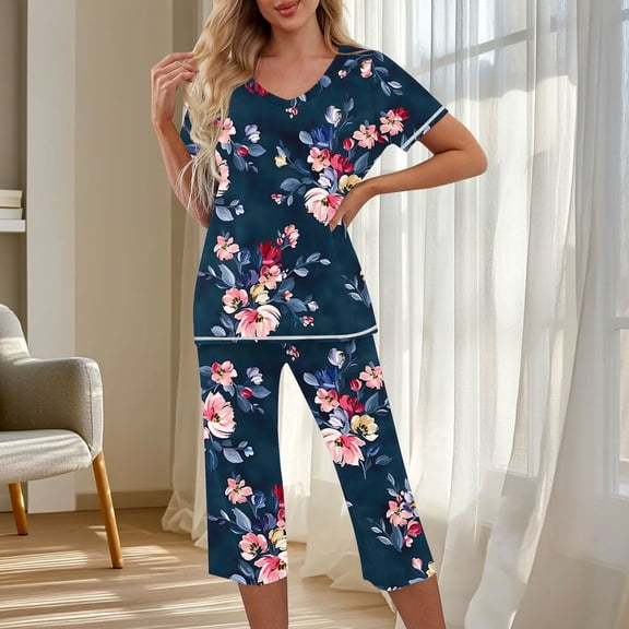 Fewfanhot Women's Soft Breathable V-Neck Pajama Set - Comfy Short Sleeve Sleepwear with Elastic Waist, Ideal for Holiday and Cozy Nights