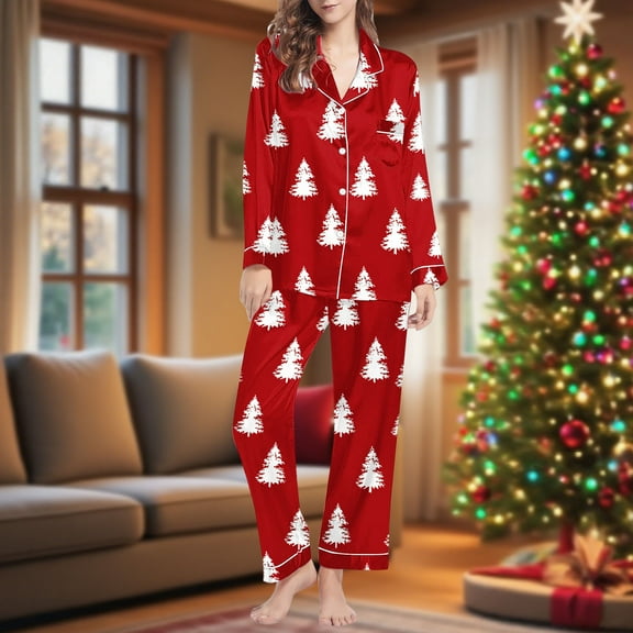 Fewfanhot Women's Soft Fleece Loungewear Set - Warm Long Sleeve Sleepwear Top and Pajama Pants with Pockets for Christmas Holiday Cold Weather