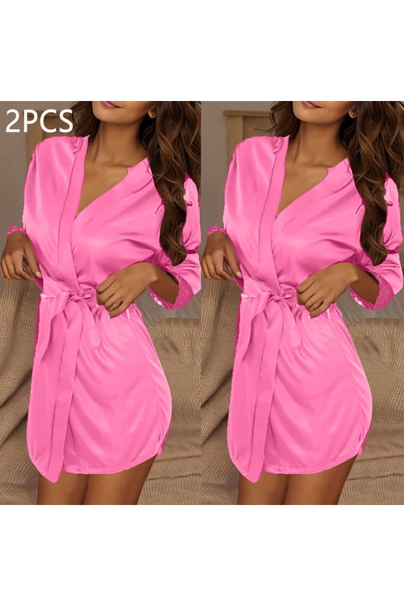 Fewfanhot Women's Soft V-Neck Long Sleeve Ice Silk Satin Bathrobe Nightdress Lightweight Wedding Robes Available in Multiple Colors, 2 Pieces