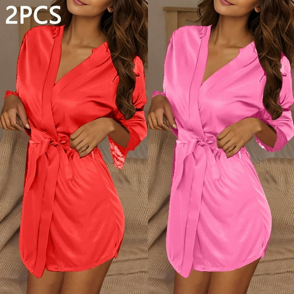 Fewfanhot Women's Soft V-Neck Long Sleeve Ice Silk Satin Bathrobe Nightdress Lightweight Wedding Robes Available in Multiple Colors, 2 Pieces