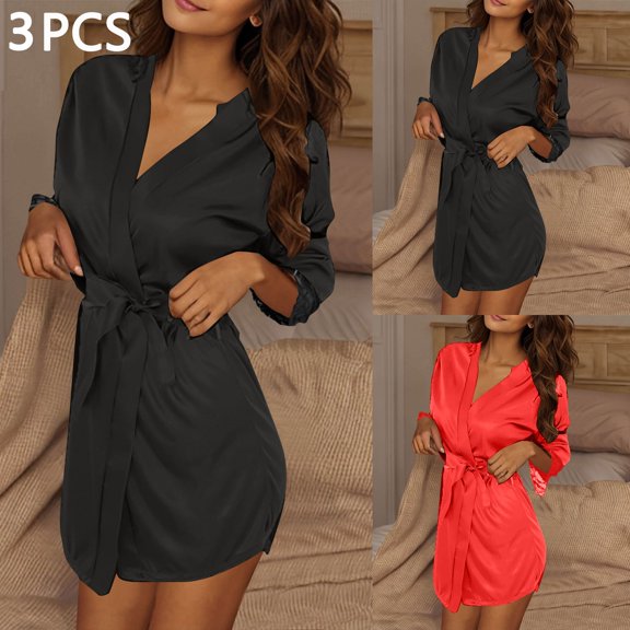 Fewfanhot Women's Soft V-Neck Long Sleeve Ice Silk Satin Bathrobe Nightdress Lightweight Wedding Robes Available in Multiple Colors, 3 Pieces