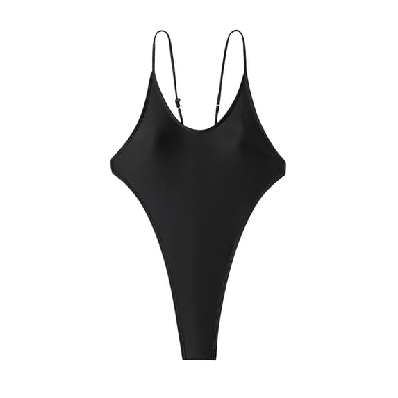 Fewfanhot Women's Solid Black Minimalist One Piece Swimsuit, Thin Strap Y-Back High Cut Monokini Tummy Control Bathing Suit Multi Colors Beach Swimwear