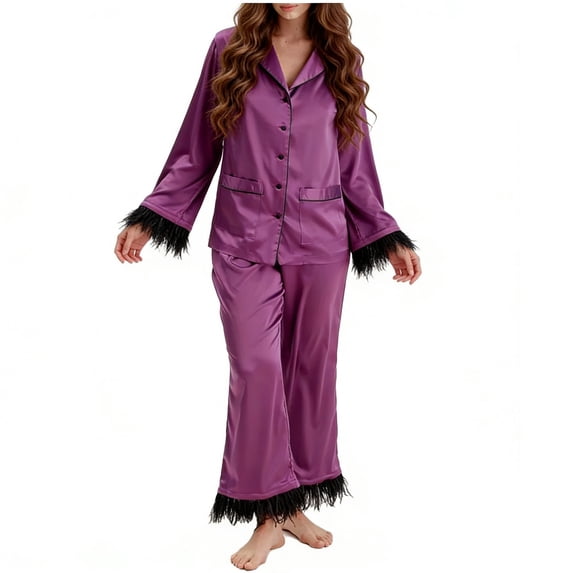 Fewfanhot Women's Solid Color Pajama Set - Long Sleeved Lapel Top & Pants, Casual Soft Homewear for Holiday Family Gatherings