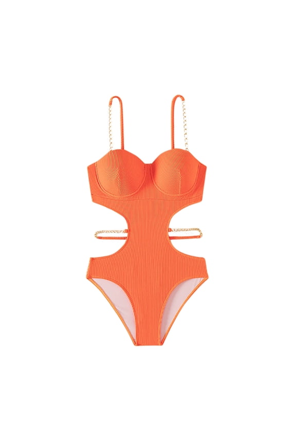 Women's Solid Color Side Cutout One Piece Swimsuit, Gold Chain Detail & Push Up Shelf Bra, High Waist Monokini Tummy Control Bathing Suit