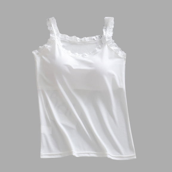 Fewfanhot Women's Solid Ice Silk Camisole - Round Neck Lace Trim Built-in Fixed Bra Design, Smooth Breathable Sleeveless Loungewear