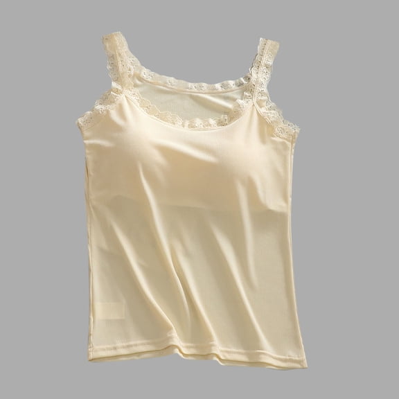 Fewfanhot Women's Solid Ice Silk Camisole - Round Neck Lace Trim Built-in Fixed Bra Design, Smooth Breathable Sleeveless Loungewear