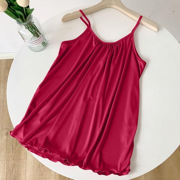 Fewfanhot Women's Solid Silk-Like Lounge Cami - Round Neck Ruffled Loose Sling Design, Luxurious Smooth Sleeveless Loungewear